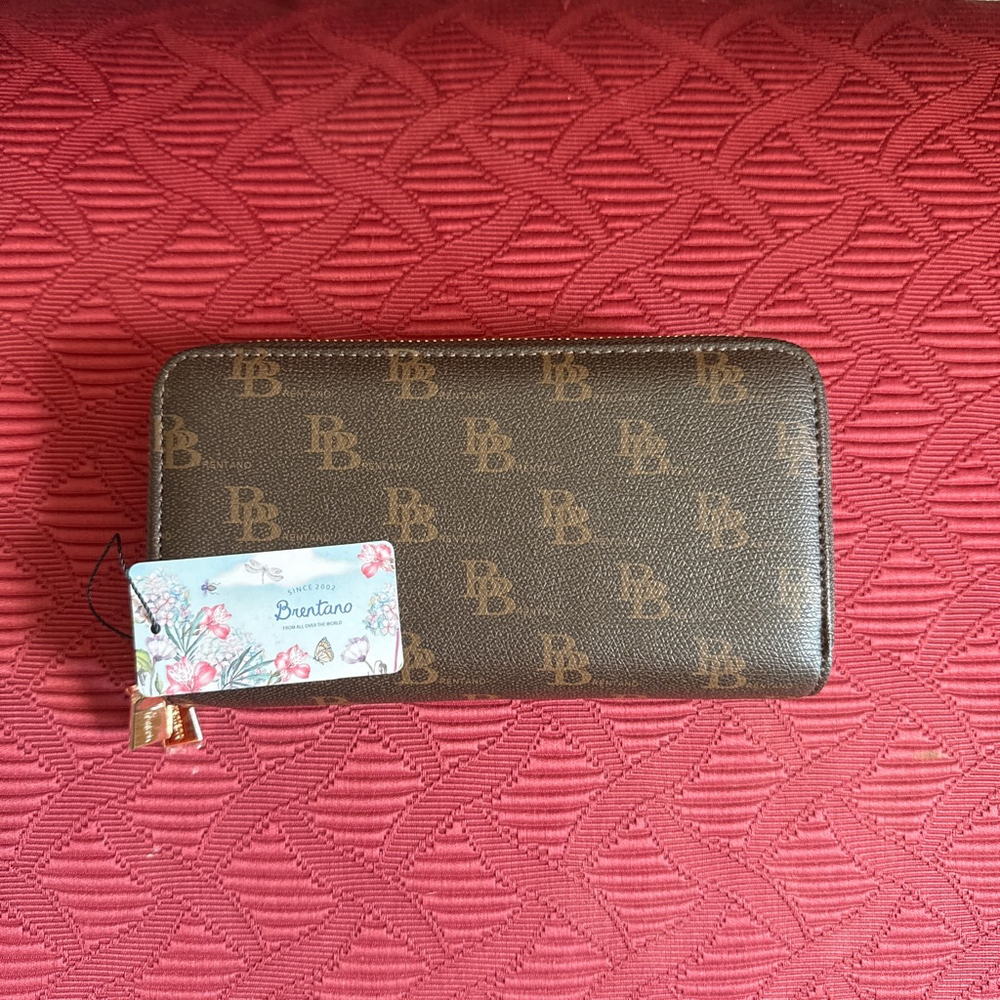 Brentano Brown Monogram Wristlet Wallet with Gold Hardware